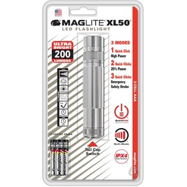 MagLite XL50 LED Flashlight, Compact and Powerful with Multi-Mode Functionality, Water-Resistant, 3-Cell AAA Battery-Powered – Silver