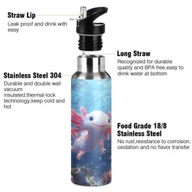 Adorable Ocean Animal Axolotl Water Bottle Kids Insulated Sports Vacuum Stainless Steel Mug with Straw Lid & Handle 20 oz