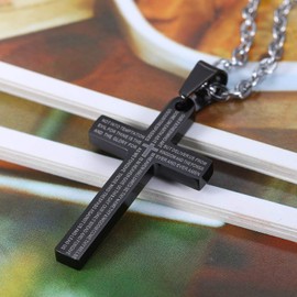 Flongo Men's Vintage Stainless Steel Black Cross Spanish Bible Lords Prayer Pendant Necklace, 22 inch Chain