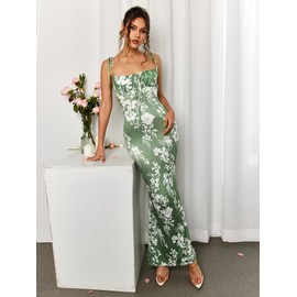 Parthea Women's Summer Bodycon Backless Floral Maxi Dress Sexy Lounge Slip Long Formal Party Evening Elegant Dress Green