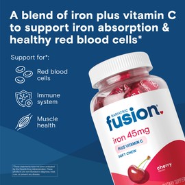 Bariatric Fusion Iron Supplement for Women Anemia | Chewable Iron with Vitamin C | Cherry Flavored Soft Chew | Gentle on Stomach Ferrous Fumarate for Women and Men | Gluten Free | 60 Count