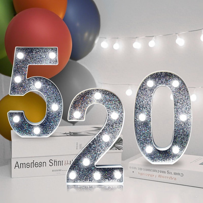 LED Number Light - Lighted Silver Glitter Number Light Sign,