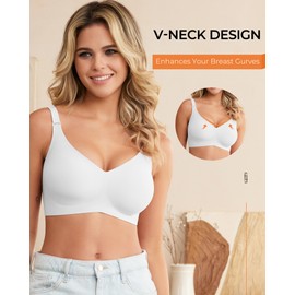 Falorda Wireless Bras for Women No Underwire, Seamless Bras Smooth Soft V Neck Full Coverage Comfort Bra with Extender White