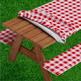 Sorfey Picnic Table Cover with Bench Covers -Fitted with Elastic, Vinyl with Flannel Back, Fits for Table 30"x 72" Rectangle,Water Proof, Checked red Design