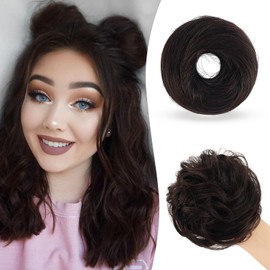 SOFEIYAN 2PCS Messy Bun Hair Piece Wavy Curly Chignon Extension Mini Messy Hair Bun Scrunchies Synthetic Donut Wig Accessory Updo Space Bun Hair Pieces for Women Girls, Darkest Brown/Dark Auburn Mix