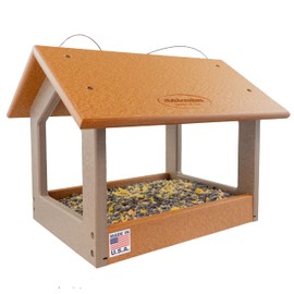 DutchCrafters Amish USA Made Recycled Plastic Large Hanging Modern Fly Through Covered Roof Open Platform Tray Bird Feeder for Outdoors, Garden, Yard (Cedar & Weatherwood)