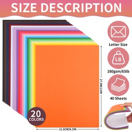 Uncle Paul 40 Sheets Mixed 20 Colors Cardstock - 8.5'' x 11'' Double-sided Cover Card Stock 65lb Printer Paper Perfect for Scrapbooking, Crafts, Business Cards 180gsm UAP25MX240