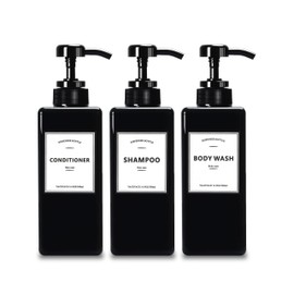 Black Shampoo Dispenser with Pump,YACEYACE 16.9oz Set of 3 Shampoo Bottles with Labels, Empty Refillable Shampoo and Conditioner Bottles, Body Wash Dispenser for Shower, Soap Dispenser Shower