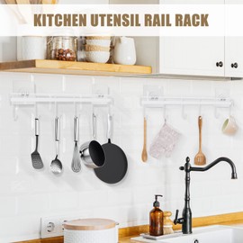 HOMEBROS Kitchen Utensil Rack Wall Mount, White Adhesive Kitchen Utensil Hanger No Drilling Kitchen Utensil Holder Space Saving Kitchen Wall Hooks for Kitchen Bathroom Camper - 2 Packs
