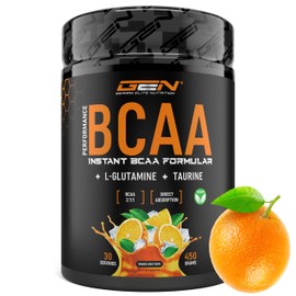 BCAA 450 g Powder - Instant BCAAs + L-Glutamine + Taurine - Delicious & Super Solubility - Vegan Amino Acids - 2:1:1 Ratio - (Orange Juice)