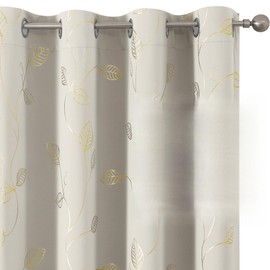 BUHUA Blackout Curtains 96 Inches Length Gold Leaf Pattern Designed Window Drapes Room Darkening Noise Reducing Thermal Insulated Curtains, 52W x 96L, Natural, Set of 2 Panels