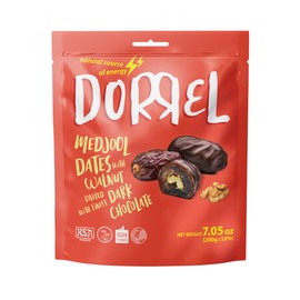 DORREL - Belgian Dark Chocolate Covered Dates (Medjool) with Walnuts Stuffing, High Energy Vegan Choco Snack, Delicious, Kosher & Non-GMO, Pack of 1 Stuffed Chocolate Dates, 7.05 oz / 200 g Ea