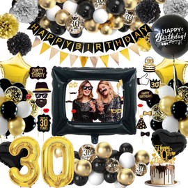WINAROI 30th Birthday Decoration Boy Girl, 30th Black Gold Birthday Balloons with Photo Props Happy Birthday Banner, Decoration 30th Balloons, Birthday Party Decorations