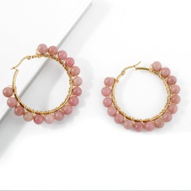 Dainty Natural Stone Beaded Large Big Hoop Earrings for Women Ball Hoops Round Circle Hooped Hypoallergenic Minimalist Fashion Jewelry (Pink, One size)