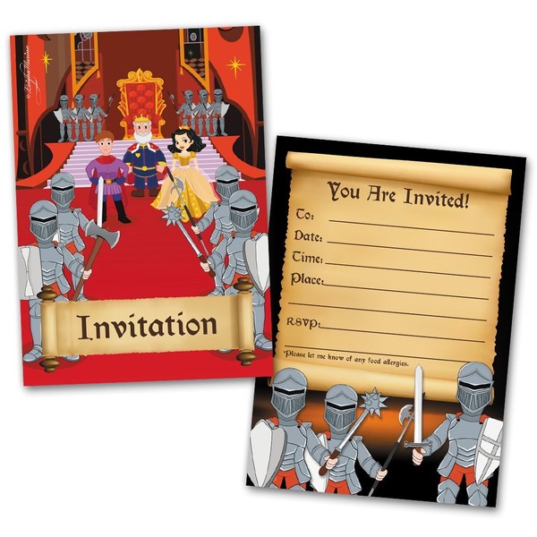 20 Kids Party Invitation Cards Knights Themed and 20 Envelopes
