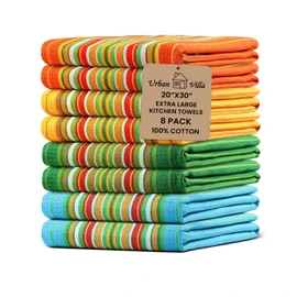 Urban Villa Kitchen Towels 100% Cotton Dish Towels for Kitchen(Set of 8)20”x30” Dish Cloths Highly Absorbent Kitchen Linen Set with Hanging Loop Perfect for Drying Dishes Cleaning Towels -Multi Color