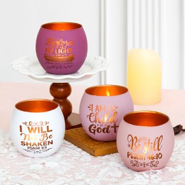 Christian Gifts for Women, Glass Candle Holders Set of 4, Pink Tealight Votive Candle Holders with Inspirational Bible Verses, Unique Religious Gifts for Mom, Sister, Friend, Coworker