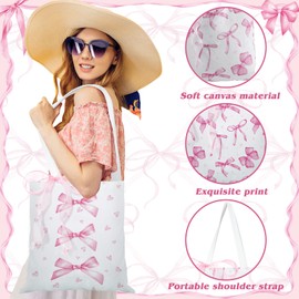 Paterr 6 Pcs Pink Bow Tote Bags Coquette Pink Bow Canvas Bags with Handles for Women DIY Bowknot Preppy Aesthetic Gifts Set with 2 Rolls Ribbon for Reusable Birthday Shopping Work Travel Party