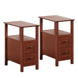 ChooChoo End Tables Living Room Set of 2, 3-Tier Narrow Nightstand with with 2 Drawers, Slim Bedside Tables for Living Room, Bedroom, Small Space, Cherry Brown