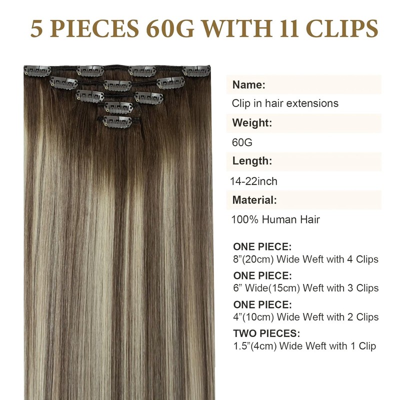 Balayage Human Hair Clip in Extensions Ombre Walnut Brown to