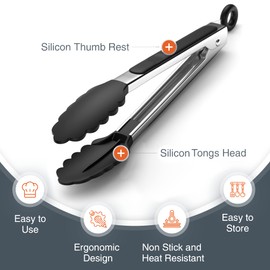 Tribal Cooking Kitchen Tongs with Silicone Tips - Stainless Steel tongs for cooking - 9" and 12" Tongs With Silicone Rubber Non Slip Grips, Heat Resistant Metal Tongs.