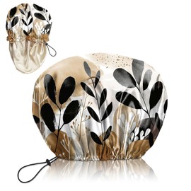 Deokke Luxury Shower Cap Silk Satin Lined Waterproof Reusable Adjustable Elastic Dry Hair Bathing Caps Cute for Women Girls-Leaf