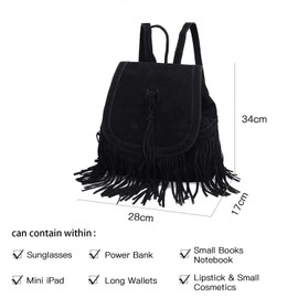 LUI SUI Women's Fashion Faux Leather Fringe Tassel School Bag Large Capacity Casual Work School Backpack Bag, black, Casual