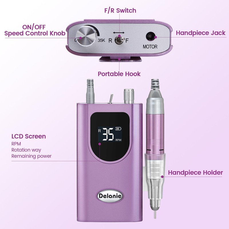 Delanie Electric Nail Drill Professional 35000 RPM Rechargeable Portable E-File