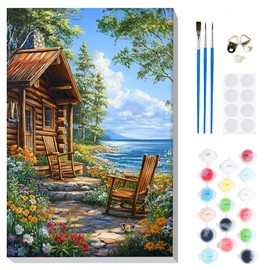 DOMROM Paint by Numbers Kit for Adults Beginner with Wooden Frame, Lakeside Cabin Easy Acrylic Paint by Number, DIY Landscape Oil Painting Kit with Framed Canvas Arts and Crafts for Gift Home Decor