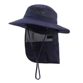 Home Prefer Sombrero de pesca para exteriores UPF50+ para niños, de ala ancha, con solapa para el cuello, Azul marino, 3-7 Años