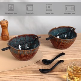 STE-CER Ceramic Ramen Bowl with Chopsticks,6.7 Inch Noodle Bowls,Pho Bowls and Spoons Set,Japanese Bowl for Pho,Udon,Soba,Noodle,Microwave Safe,Set of 2(Peacock Green)