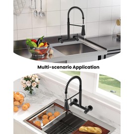 Matte Black Wall Mount Kitchen Sink Faucet 2 Handles, 8 Inch Center Wall Commercial Utility Sink Faucet with Pull Out Sprayer 3 Modes, Stainless Steel