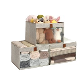 StorageWorks Closet Storage Bins with Clear Window and 2 Handles, Foldable Storage Baskets for Shelves, Extra Large Fabric Organizer, Brown and Beige, 3 Pack