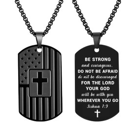 Dog Tag Cross Necklace for Men Boys Christian Baptism Religious Catholic First Communion Confirmation Gifts for Teenage Boy Joshua 1:9 America Flag Pendant Chain Military Army Presents Jewelry
