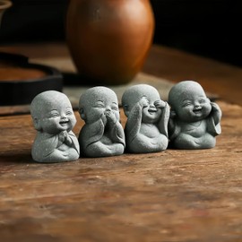 Cartoon Buddha Figurine Ornament with Bluestone Sand Bonsai, Imitation Stone Carving, 4 Sets