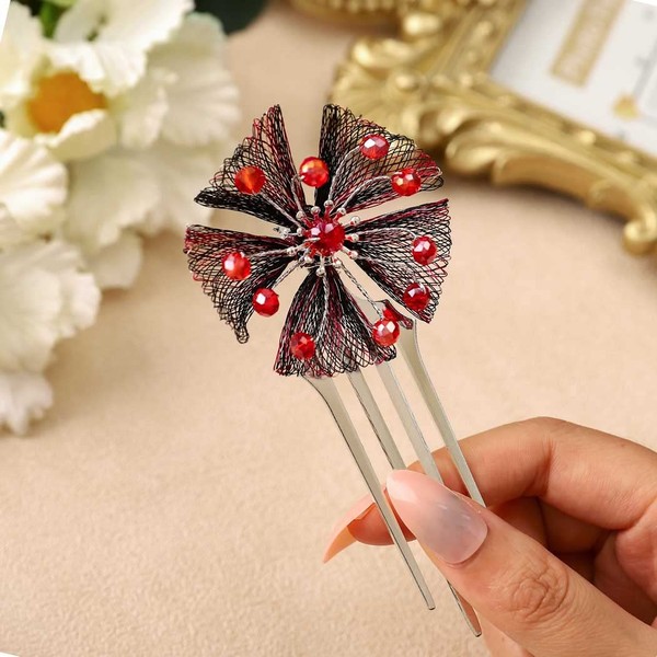 Casdre Black Red Bridal Hair Comb Silver Rhinestone Bride Wedding