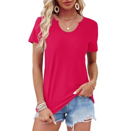 WIHOLL Womens Cute Tops Casual Summer Short Sleeve V Neck Basic T Shirts 2025 Trendy Clothing Loose Fit Cruise Outfits Tee Hot Pink L