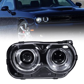 FIONE - For Dodge Challenger Headlights Assembly 2015 2016 2017 2018 2019 2020 2021 Black Housing Halogen Headlamps Replaceable Right Passenger Side RT 68174064AF CH2503267