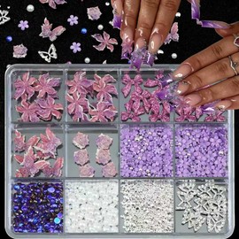 VOTACOS 3D Flower Nail Art Charms with White Nail Pearls Purple Bow Gems Rhinestones for Nails Design DIY Soft Adjustable Flower Charms for Women Nails Decoration(Purple Series)