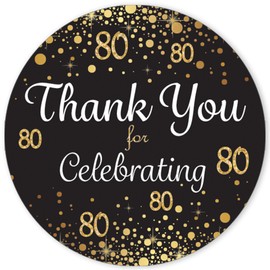 Black and Gold 80th Birthday Thank You Stickers - 1.75 in - 40 Labels