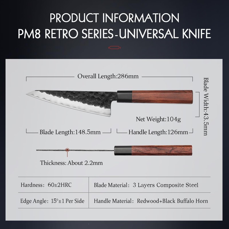 HEZHEN 5.8 inch Multi-purpose Honesuki Knife,10Cr15CoMoV Steel Core,Triple-layer Composite Steel,Redwood