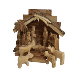 Bethlehem Gifts TM Handcarved Bethlehem Olive Wood Miniature Nativity Scene Set with Stable 12 Pieces (4.5" Stable and 2.75" Figurines)