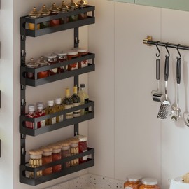 X-cosrack 4-Tier Small Wall Mounted Spice Rack Organizer, Hanging Spice Shelf for Cabinet or Pantry, Height-Adjustable Seasoning Holder for Kitchen Storage, Black