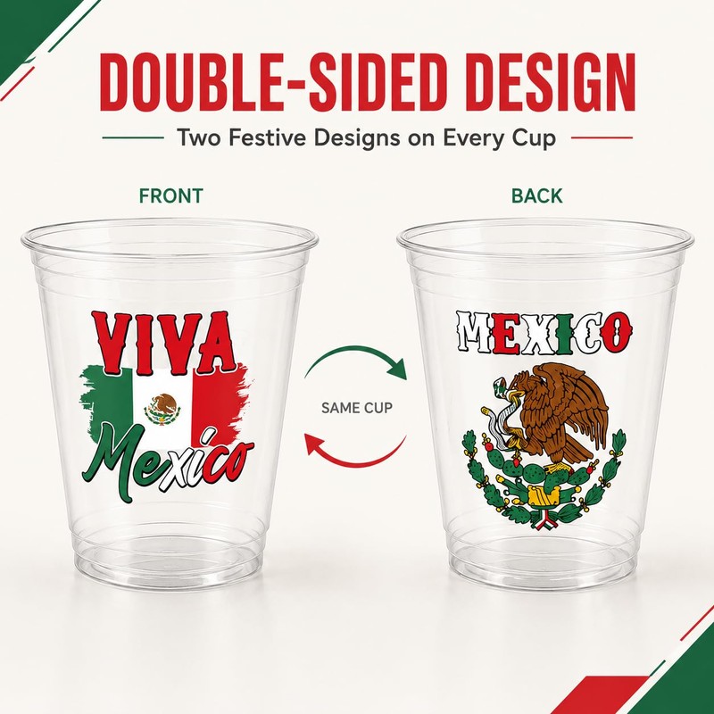 Mexican Independence Day Plastic Cups 50 Pack Disposable Viva Mexico