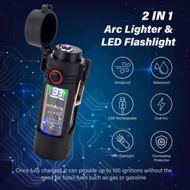 KALIMO Windproof and Waterproof Arc LED Flashlight with Lighter,Plasma Rechargeable USB Electric Flameless Lighter with Tactical Torch, Portable Flashlight for Home and Outdoor