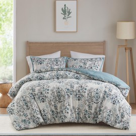 Madison Park Queen Comforter Set Medallion Comforter for Queen Size Bed, Woven Tufted Bedding, All Season & Lightweight Queen Bed Set with Shams, Shabby Chic Cottage, Brielle, Full/Queen, Blue 3 Piece