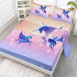 Datura home Bedding Fitted Sheet and Flat Sheet Set 4Pcs Starry Sky Unicorn Printed Bedding Set with 1 Flat Sheet and 1 Fitted Sheet + 2 Pillowcases for Girls (Starry Sky Unicorn Twin),Twin 67x97 in