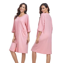 EA'S SECRET Women 100% cotton Zipper Robe 3/4 Sleeve Housecoat Robes Kimono Knit Soft Knee Length Short Bathrobe, 1-pink, Large