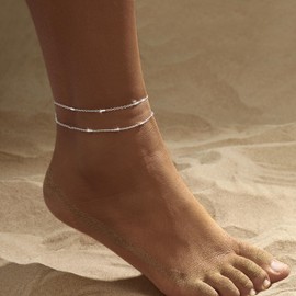 BERISO Gold/Silver Ankle Bracelets for Women,14K Gold Plated Anklets for Women Waterproof Pearl Heart Beads Evil Eye Rhinestone Anklets Set Layered Anklet Bracelets for Women Gold Jewelry