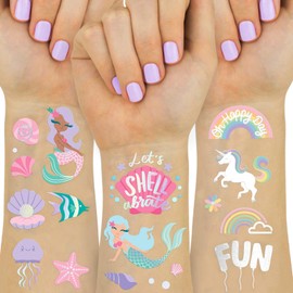 CharmeFleur The Mermaid and Rainbow Temporary Tattoos - 102 Iridescent Foil Styles | Kids' Birthday Items, Sea Creature Gifts, Unicorn Birthday Decorations, Ocean Animals